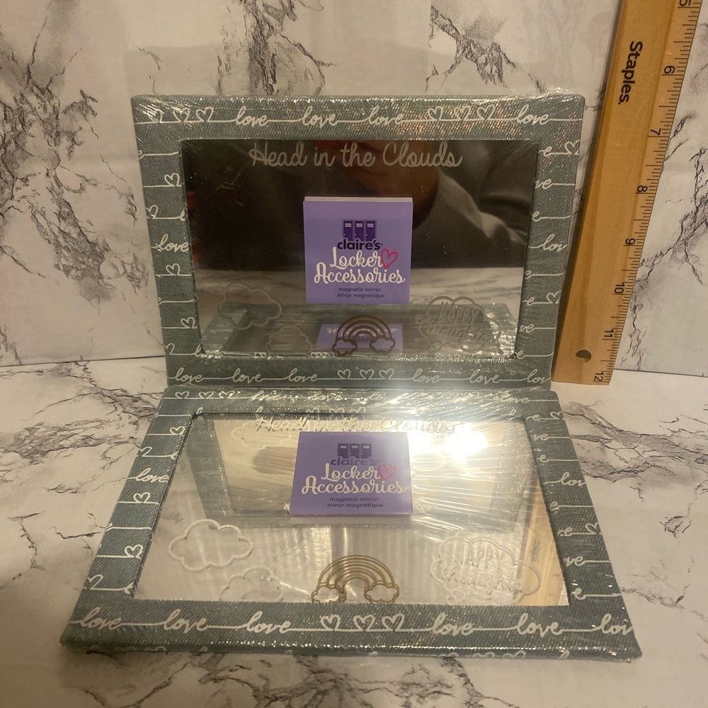 NIP, Claire's Locker Accessories Love-Themed Gray and White Mirror LOT of 2